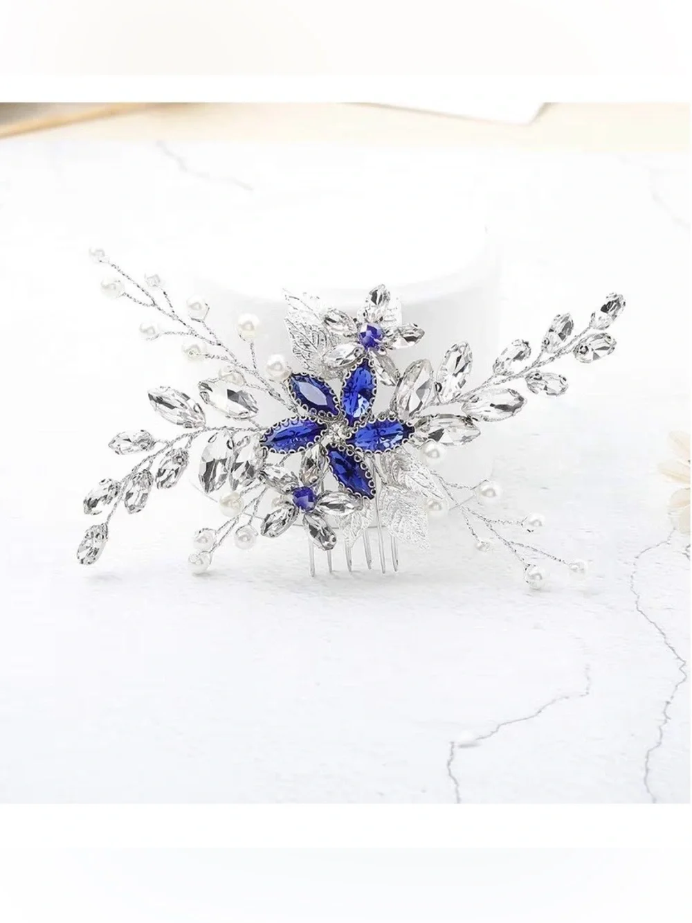 Anthropologie Silver and Cobalt Blue Floral Crystal Brooch